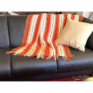 VTG Orange/Brown/Cream - Afghan Unique Diamond Pattern Shabby Chic Cottagecore